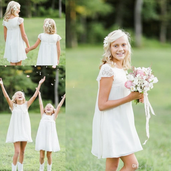 Country Stlye Beach Girls Dresses Jewel Juliet Short Sleeve Pageant Gowns for Kids Wedding Party A Line Mini Gowns DTJ