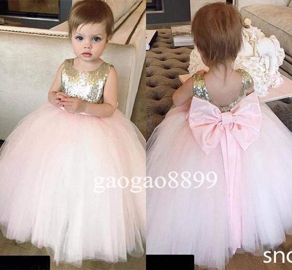 Cute Pink Flower Girls Dresses Gold Sequins Top Ball Gown Pageant Gowns for Kids TUTU Skirt Wedding Party Kids First Communion Gowns