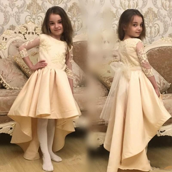 Sweety High Low A Line Flower Girl Dresses Lace Appliques Sheer Long Sleeves Girls Pageant Gowns for Wedding with Tulle Sash Baby Dress