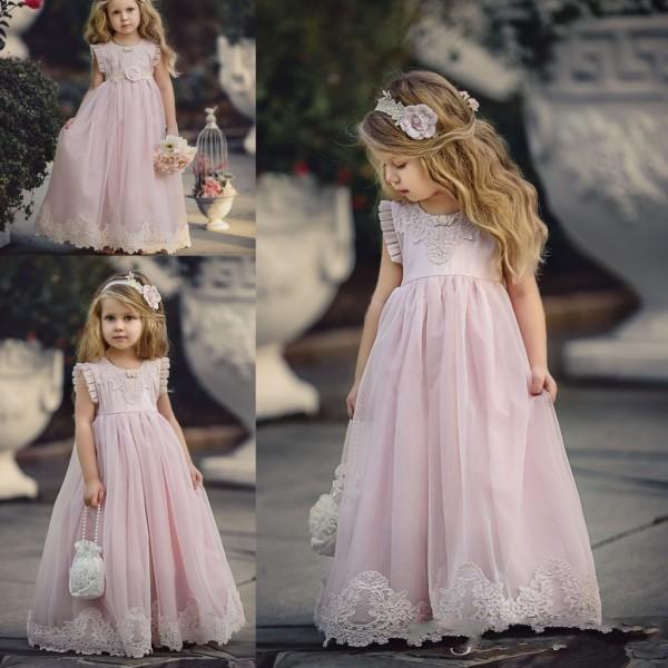 Lovely A Line Flower Girl Dresses Lace Appliqued with Hand Made Flower Special Occasion Kids Pageant Gowns First Communion Dress