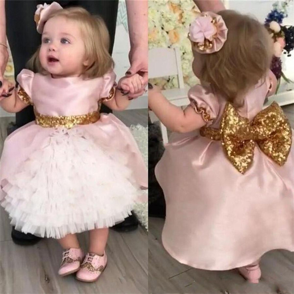 Cute Flower Girls Dresses Sweety Toddler Baby First Communication Dresses Pink Bow With Gold Sequins Tiered Tea Length Party Ball Gown Kids