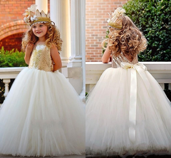 Gold Sequin A Line Flower Girl Dresses Tutu Sash Crew Neck Baby Child Birthday Party Formal Gowns Girls Pageant Dress Cheap DTJ