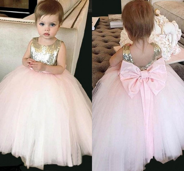 Sparkly Gold Sequins First Holy Communion Dresses For Girls Jewl with Bow Sash Ball Gown Wedding Sleevelesss Flower Girl Dresses