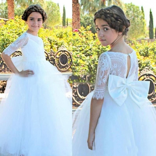 Custom Made First Holy Communion Dresses For Girls Bateau Lace Appliques Bow A Line Wedding Half Sleeve Flower Girl Dresses