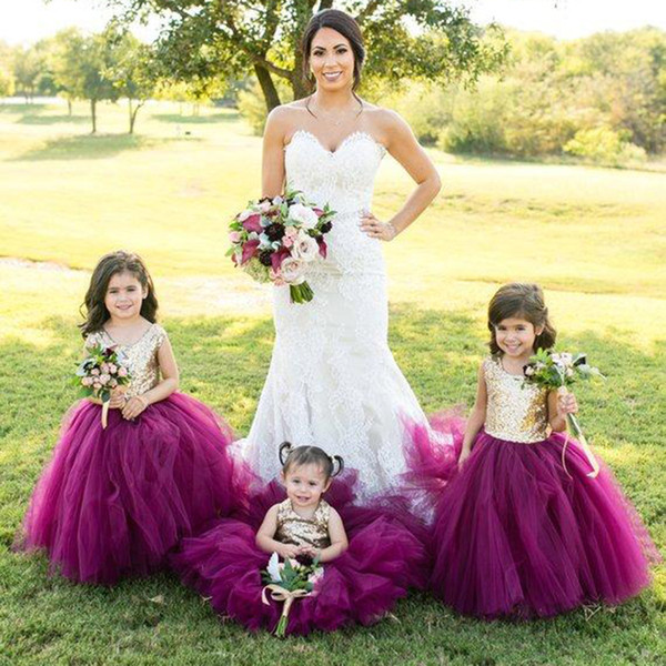 Bling Rose gold Sequined Dress Cheap purple tulle Princess Flower Girls Dresses for Weddings Jewel Sexy floor length kid Girls Pageant Gowns