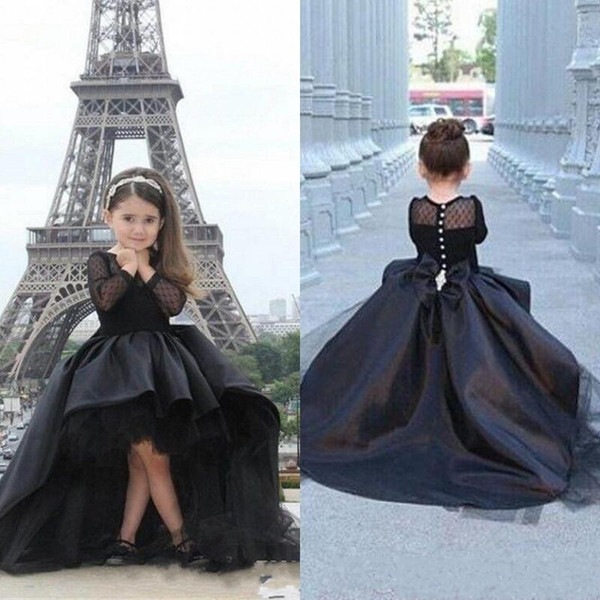 Sweet Black Little Girls Pageant Dresses Long Sleeves High Low Jewel High Low Flower Girl Dresses Teens Formal Holy Communion Dresses