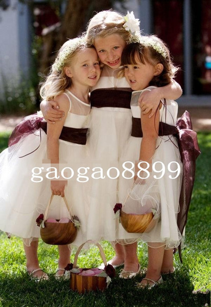 A-Line Flower Girl Dresses for Bohemia Beach Country Wedding with Burgundy Sash Jewel Cheap Girls Pageant Dresses for Communion DTJ