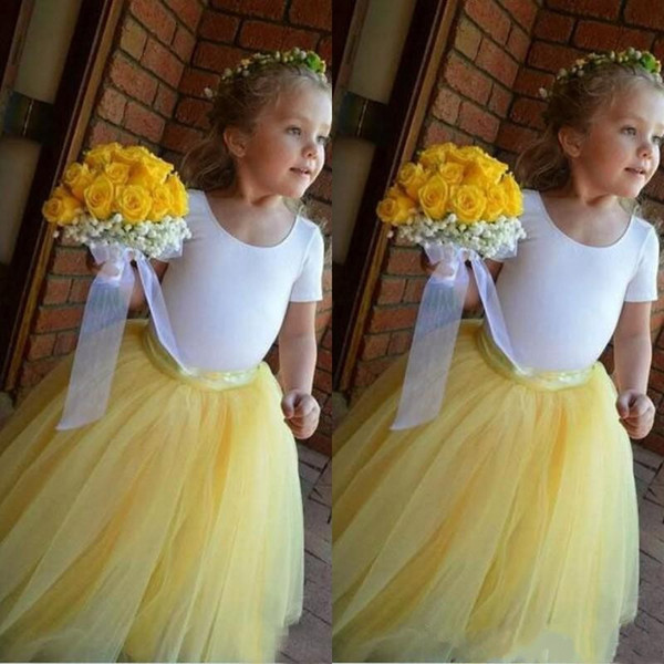 lovely Yellow Skirt white Top ball gown Flower Girls Dresses tulle skirt puffy cute jewel Birthday Girl Communion Pageant Gown