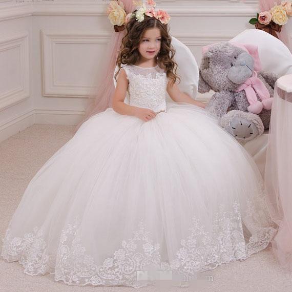 New Arrival Ball Gown Flower Girl Dresses Scoop Sweep Train Lace Appliques with Sash and Bead Child Birthday Party Gowns Cheap DTJ