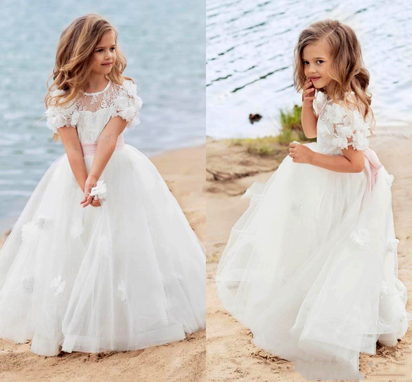 vintage White beach Flower Girl Dresses for Wedding jewel Tulle 3D flower Girls Pageant Dress boho Kids first Communion Formal Wear