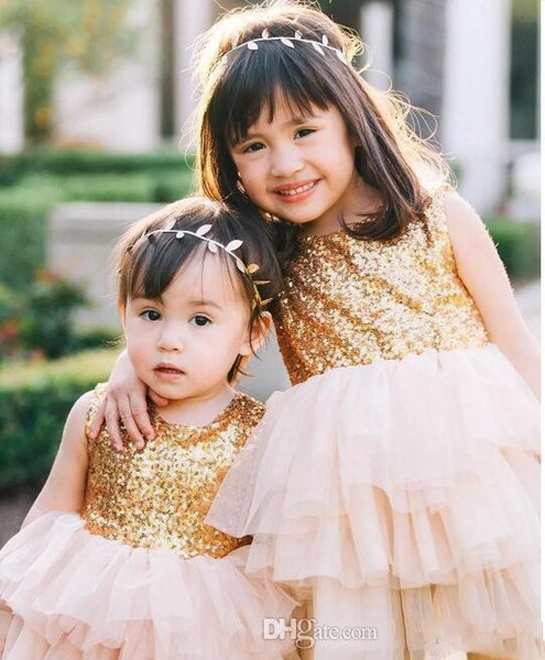 Blingbling Gold Sequined Blush Pink Baby Dresses With Bow Tiered Knee Length Flower Girl Dresses For Wedding cheap Princess Gowns