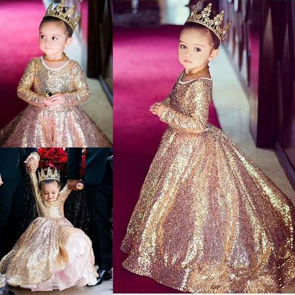 Cute Blingnling Sequined Girls Pageant Gowns Pink Tulle Long Sleeves Ball Gown Flower Girl Dresses for Wedding Children Birthday Party Dress