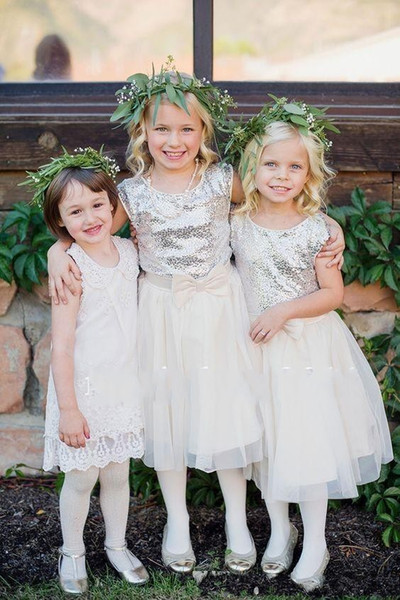 White Flower Girls Dresses Sparkly Silver Sequins Ankle-Length Tulle with Bow Jewel A-Line Kids Dress Junior Bridesmaid Dress DTJ