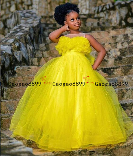 yellow Little Girls Pageant Dresses tulle beaded Toddler Ball Gown Flower Girl Dress Floor Length cheap First Communion Gowns