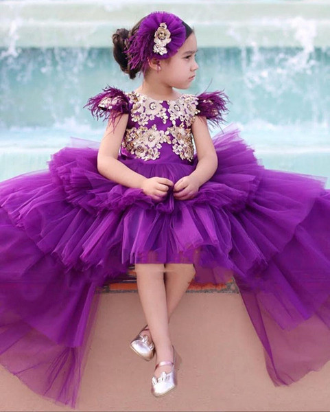 Elegant High Low Purple Girls Pageant Dresses Princess tired tulle Gold Appliques Long Toddler Kids Floer Girl Party Prom Gowns For Kids