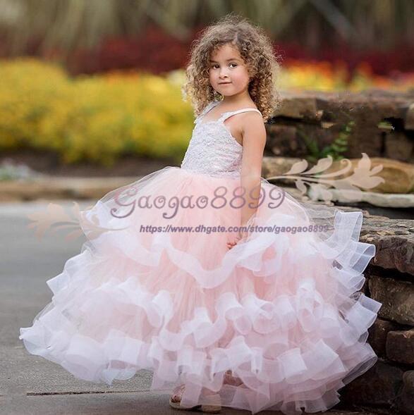 Vintage Lovely pink Infant Toddler Baptism Clothes Flower Girl Dresses With spaghetti Tiered Lace Tutu Ball Gowns Cheap custom made