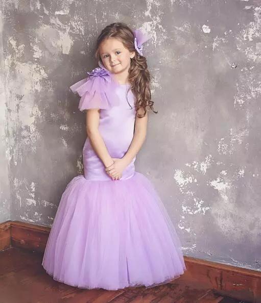 Lilac Mermaid First Communion Dresses Modest Cap Sleeve Full length Flower Girls dresses For Wedding Junior Bridesmaid Dress