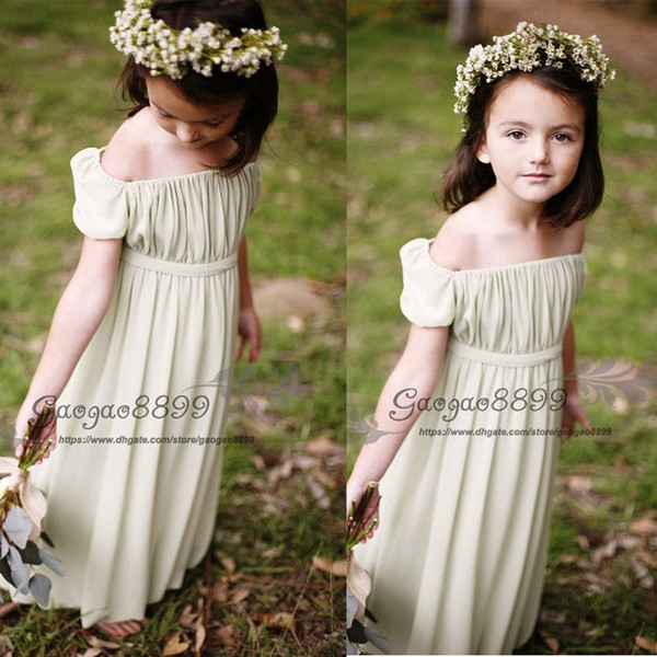 2022Boho beach Flower Girls Dresses for wedding Short Sleeve bateau Princess Floor Length Chiffon bohemian country Little Girls Gowns