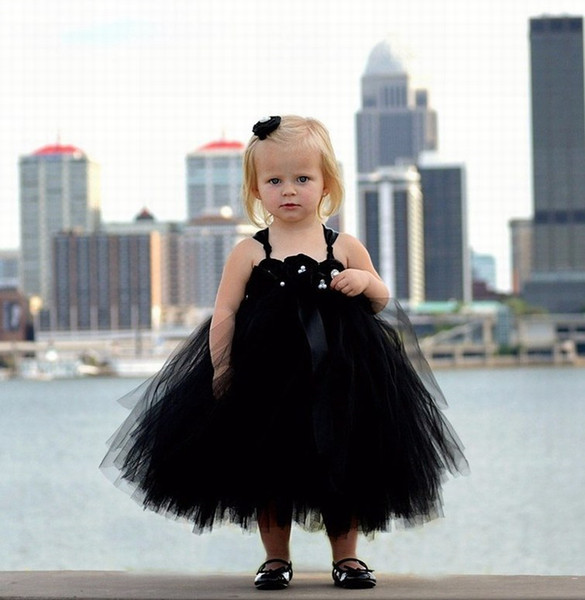 black tulle ball gown flower girl dresses for wedding Gothic handmade flowers tea length spaghetti straps Kids Girls Pageant Dresses