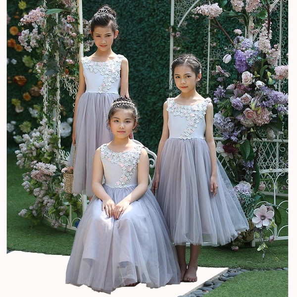 Flower Girl Dresses Scoop Neck Tea Length with Hand Made Flower for Weddings Party Dress For Teenager Girls Kids Clothing