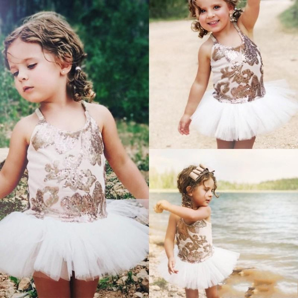 Cute Sequins Flower Girl Dress Sweet Mini Short Tulle Children Gowns Simple Design Pageant Cheap Girls Dresses DTJ