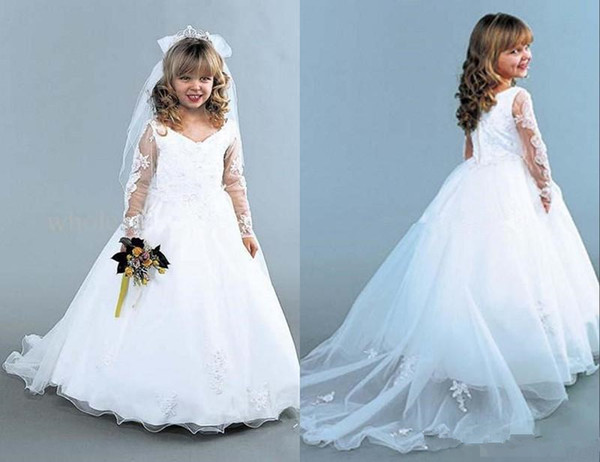 Cheap floor length Flower Girl Dresses For Wedding White Ball Gown Princess long sleeves Girls Pageant Gowns Children Communion Dress