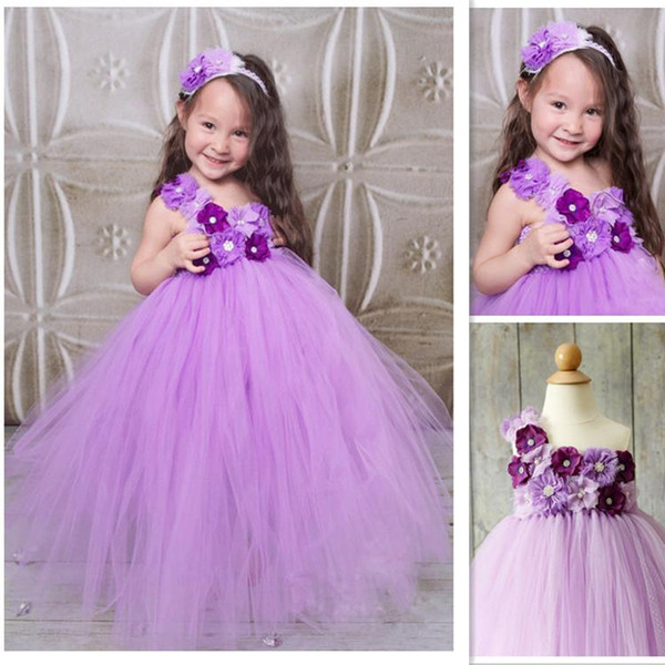 Light Purple Tutu skirt Long Flower Girl's Dresses For wedding ball gown HandMade Flower one shoulder Kids pageant Gowns for Communion Dress