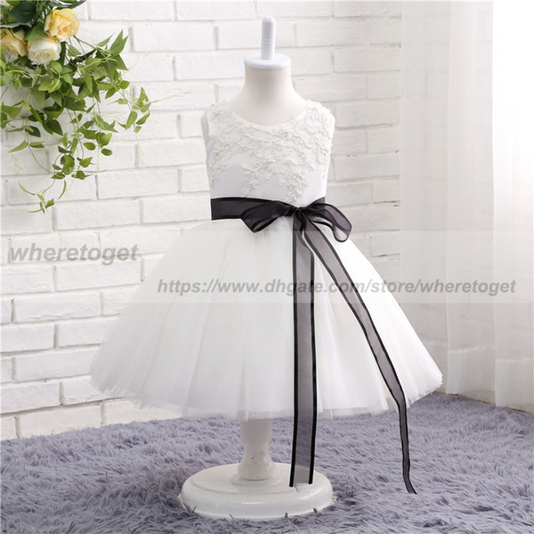 Real photos White Flower Girl Dresses for Wedding ball gown Princess Tutu beaded Appliqued black ribbon Child First Communion Dresses