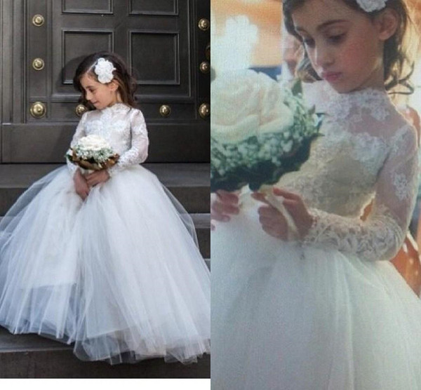 Cheap Spring long sleeves Flower Girl Dresses For Wedding puffy tulle ball gown Little Kids First Communion Birthday country Pageant Gowns