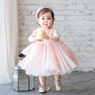 Cute Pink Chiffon Sleeveless Newborn Flower Girls Dress Beaded Infant Christening Gown Birthday Party Dress For Baby