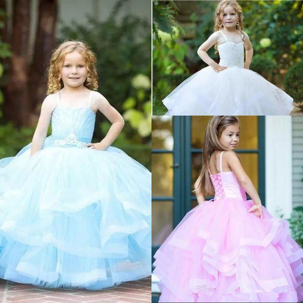 Cute Ball Gown Organza Flower Girls Dresses With Beads Sash Sleeveless Spaghetti Straps Tiers Ruffles Girls Pageant Dresses Custom Made