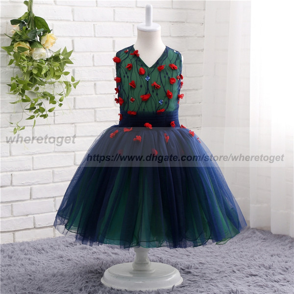 Navy blue and emrald green Communion Dresses For Girls Pageant Ball Gowns V neck cheap Flower Girl Dress For Weddings ankle Length