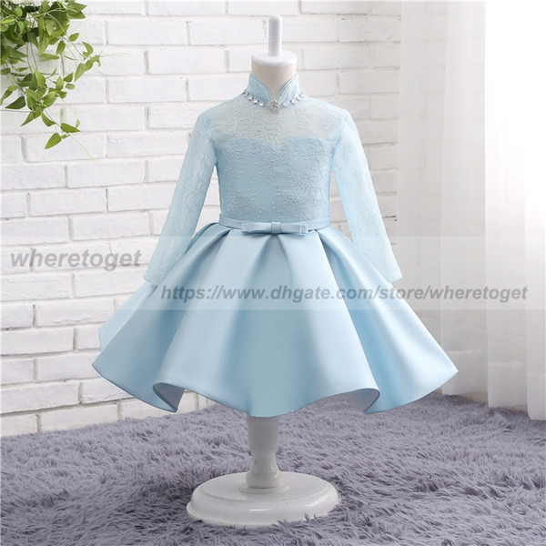 lace Communion Dresses For Girls Pageant serenity Blue satin Ball Gowns long sleeves Flower Girl Dress For Weddings tea Length With bow