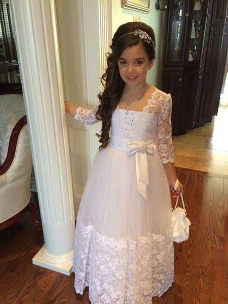 Spring Flower Girl Dresses For Wedding V Neck Lace long sleeves ball gown Little Kids First Communion Birthday country Pageant Gowns