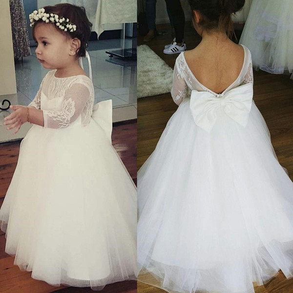 lovely ball gown Flower Girls Dresses with bow For Weddings Long Sleeves Lace Appliques backless Birthday Girl Communion Pageant Gown