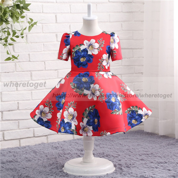 Real photos pattern printing Flower Girl Dresses for Weddings Girls Pageant Dresses short sleeve jewel neck ankle length Prom Ball Gown