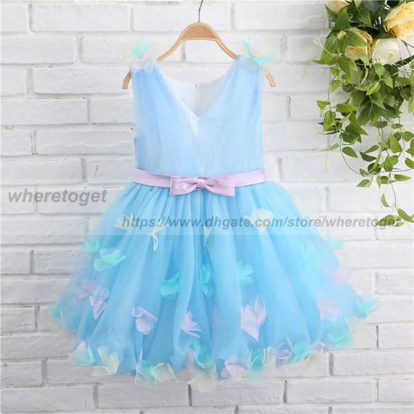 Communion Dresses For Baby Girls Pageant Light Sky Blue Tulle Ball Gowns lace Flower Girl Dress For Weddings tea Length With bow