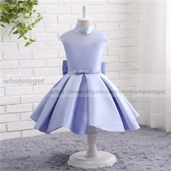 Lanvender Flower Girl Dresses with bow For Summer Garden Weddings tea Length high Neck satin Kids Formal Wears Girls Birthday Dresses