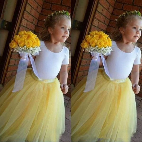 lovely Yellow white ball gown Flower Girls Dresses tulle skirt puffy cute jewel floor length cheap Birthday Girl Communion Pageant Gown