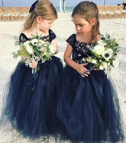 lovely Navy blue ball gown Flower Girls Dresses tulle skirt square Cap Sleeves vintage lace Birthday Girl Communion Pageant Gown