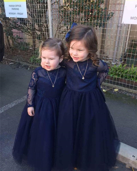 lovely Navy blue ball gown Flower Girls Dresses with bow tulle skirt vintage lace long sleeves Birthday Girl Communion Pageant Gown