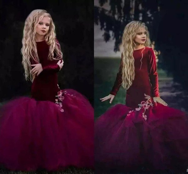 Puffy burgundy Princess mermaid Flower Girls Dresses for wedding long sleeves modest country tulle skirt Communion Pageant Gown