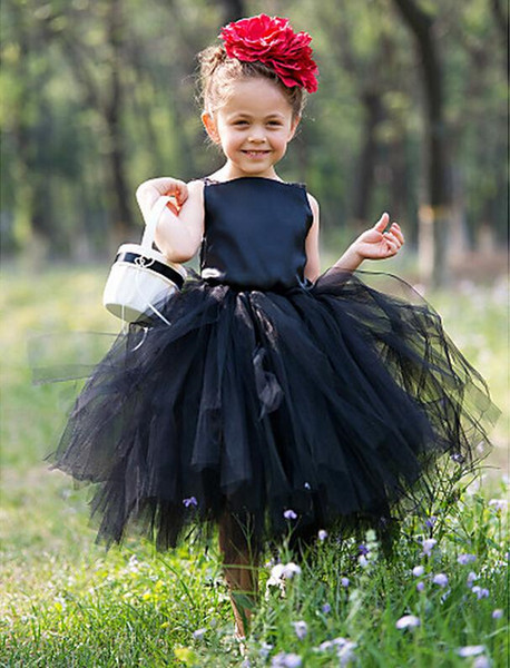 Cheap black Ball Gown Tea length Flower Girl Dresses For Wedding Princess ruffles tulle Girls Pageant Gowns Children Communion Dress