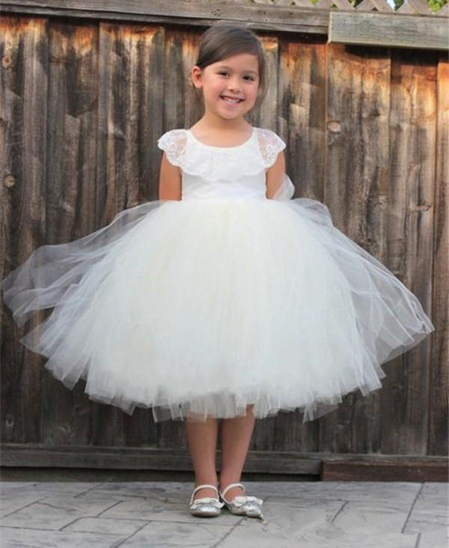 Tea-Length Simple Princess White Tulle Flower Girl Dresses For Weddings Sleeveless puffy Ball Gown Girls First Communion Dresses New