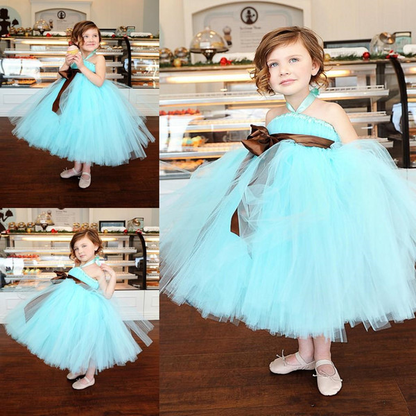 Baby blue Tutu skirt Cheap Flower Girl's Dresses Halter ball gown Tea Length Dreaped Ribbon Lovely Little girls pageant Gowns for Wedding