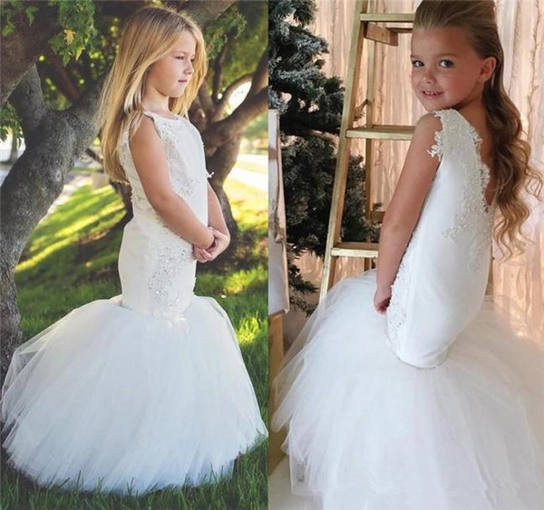 Lovely white Lace Mermaid Flower Girls Dresses for Weddings floor length Capped Sleeves Kids Wedding Dress Pageant Gowns for Little Girl