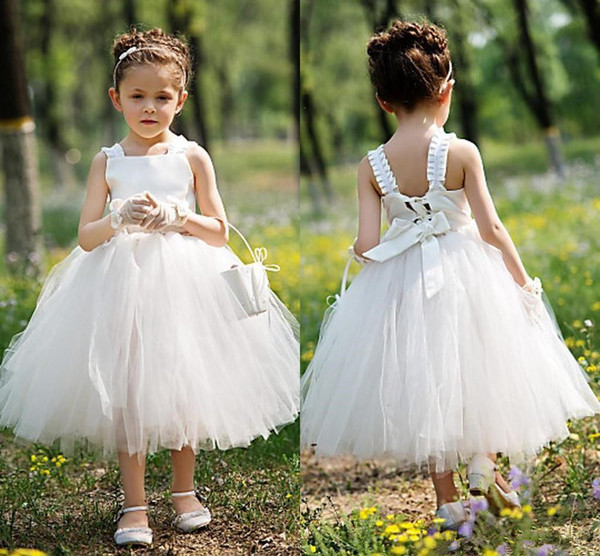 Cheap tea length Flower Girl Dresses For Wedding White Ball Gown Princess puffy tulle Girls Pageant Gowns Children Communion Dress