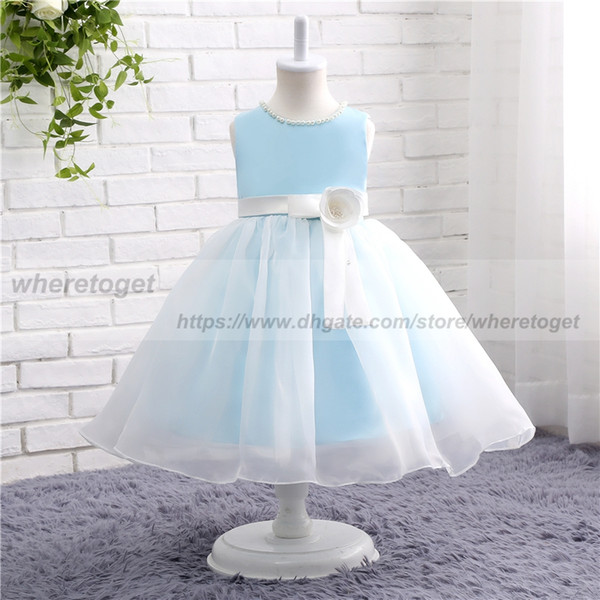 real picture Serenity blue ball gown flower girl dresses white organza pearls Lovely jewel neck Cheap girls pageant Communion dresses