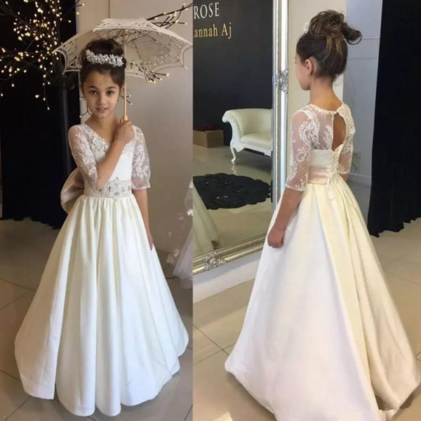 White A Line Flower Girl Dresses For Weddings V neck Half Sleeve Little Girls Pageant Dress For Teens Cheap Holy Communion Gowns