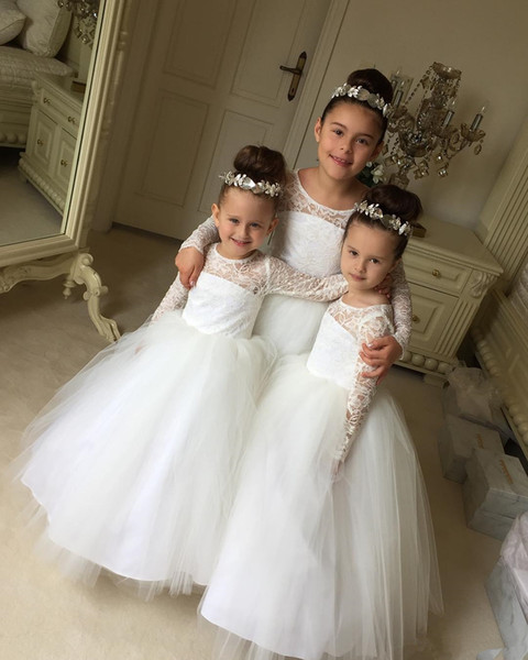 white First Communion Dresses Puffy Lace ankle length Tulle long sleeves Ball Gown princess Flower Girl Dresses birthday Pageant gown